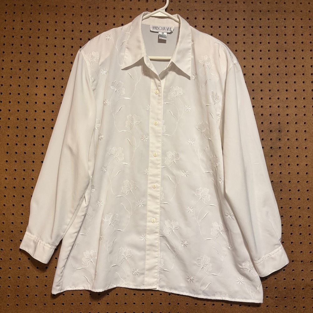 Vintage White‎ Button Down Top Floral Satin Plus 2X Romantic Victorian Cottage